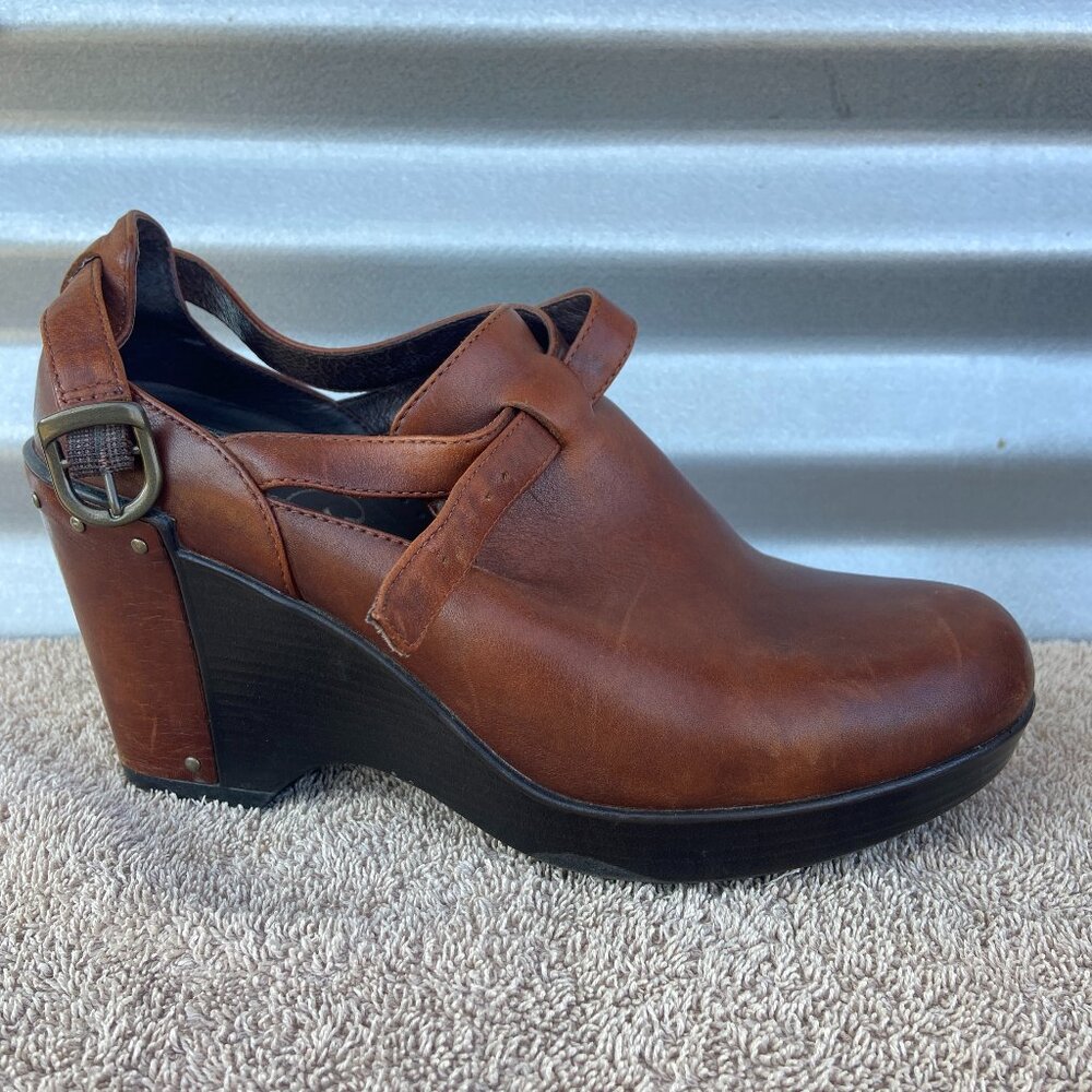 DANSKO Women’s 7 (37) Franka Brown Leather Wedge Clog Ankle Strap Bootie Heels